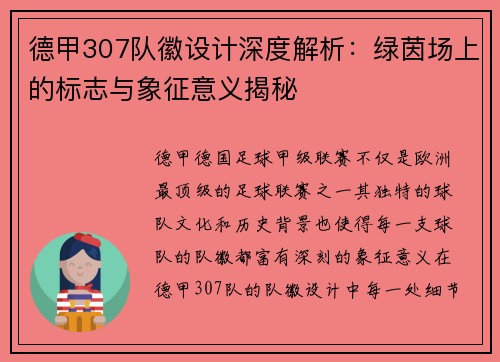 德甲307队徽设计深度解析：绿茵场上的标志与象征意义揭秘