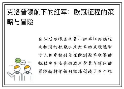 克洛普领航下的红军：欧冠征程的策略与冒险